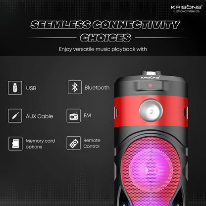 Krisons Cylender 111 40W Portable Speaker with 4" Double Woofers, Free Wired Mic for Karaoke, in Built Torch, Remote Control with Bluetooth, FM, USB, Micro SD Card Connectivity (Red)