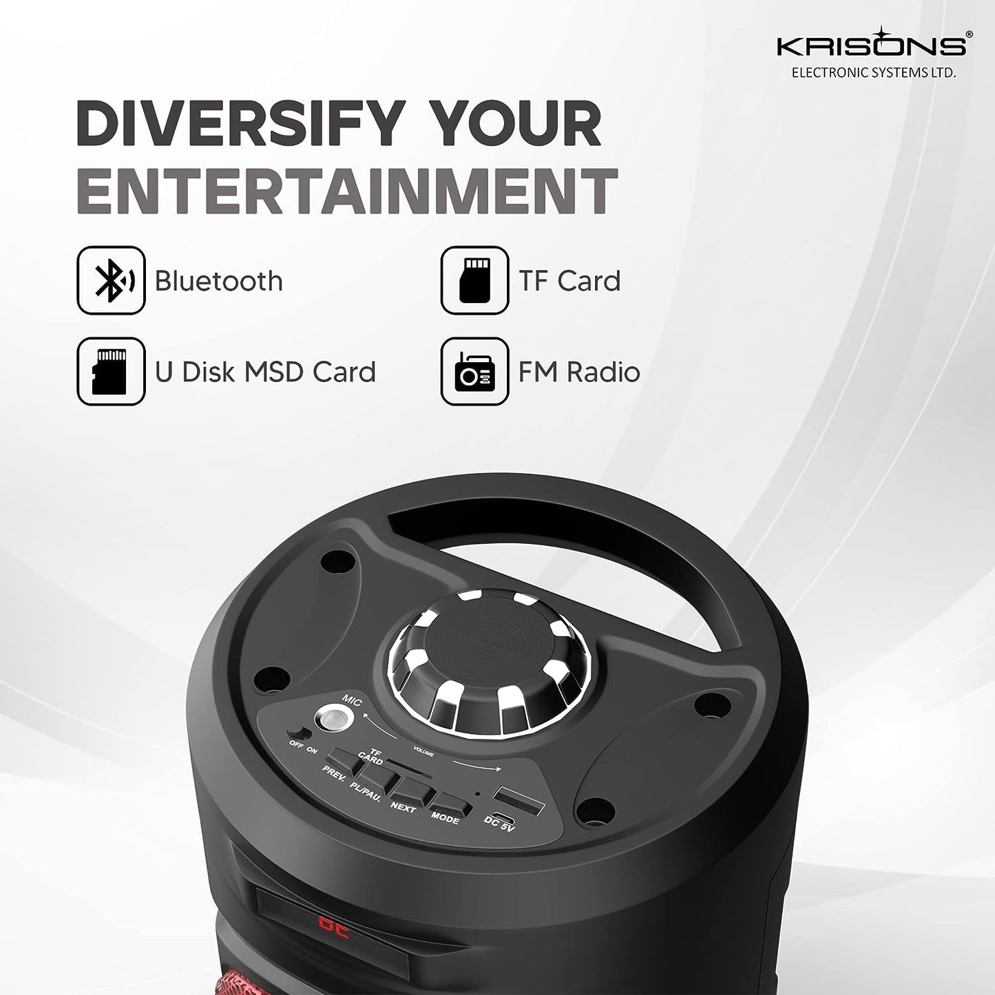 Krisons 4" RedStar Double Woofer 40W Multi-Media Bluetooth Party Speaker with Wired Mic for Karaoke, Digital Display,RGB Lights, USB, SD Card and FM Radio