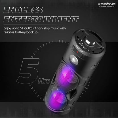 Krisons Cylender 111 40W Portable Speaker with 4" Double Woofers, Free Wired Mic for Karaoke, in Built Torch, Remote Control with Bluetooth, FM, USB, Micro SD Card Connectivity (Black)