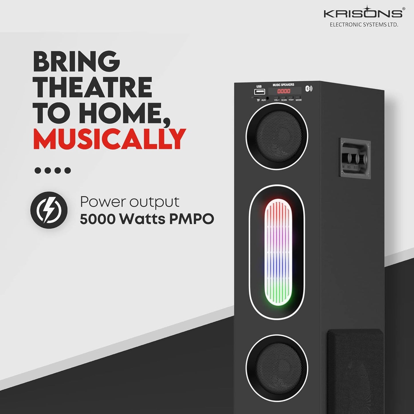 Krisons Cloudbuster Tallboy Tower Speaker, Multimedia Home Theatre, Floor Standing Speaker, RGB Lights, with Bluetooth, FM, USB, AUX Connectivity
