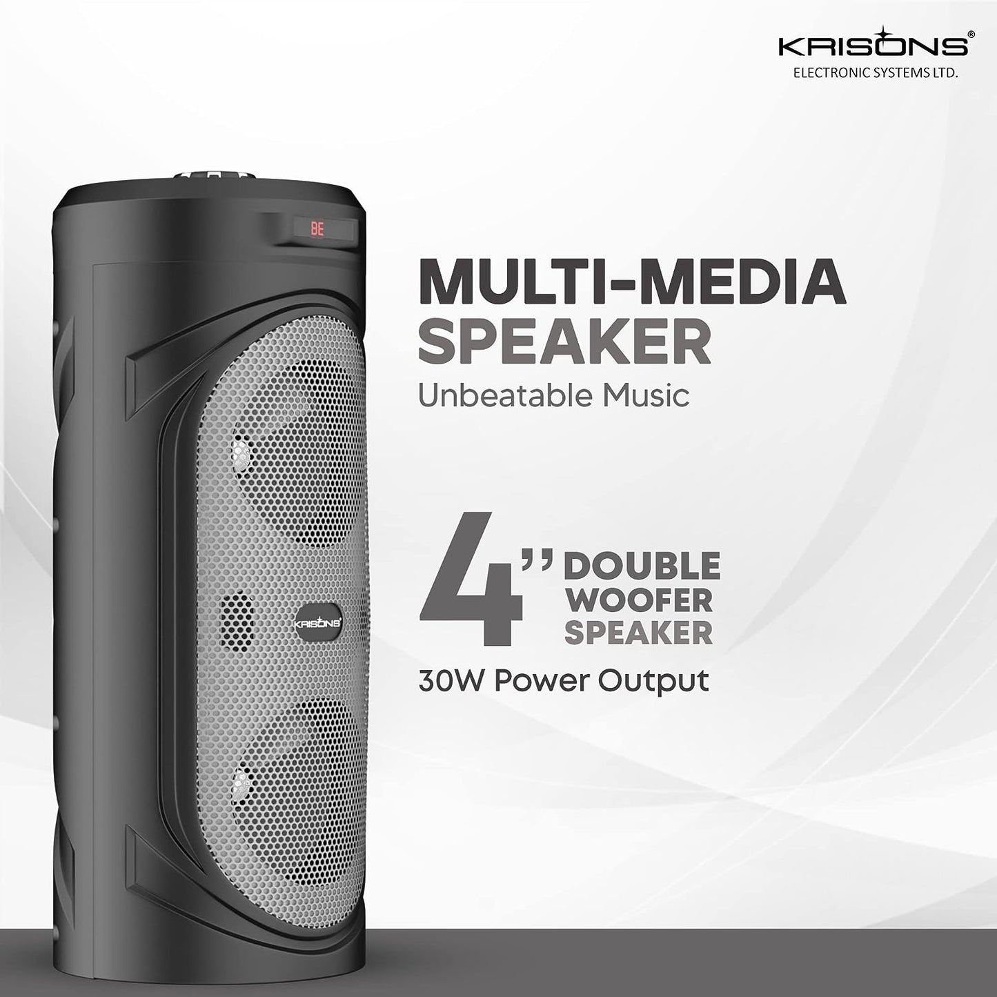 Krisons 4" SilverStar Double Woofer 40W Multi-Media Bluetooth Party Speaker with Wired Mic for Karaoke,Digital Display, RGB Lights, USB, SD Card and FM Radio