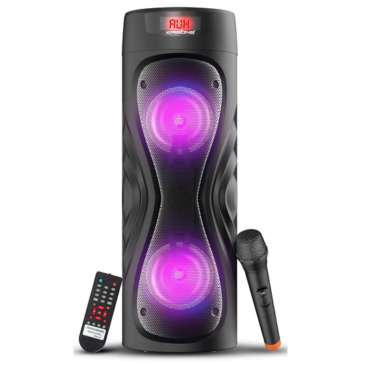 Krisons Cyclone 6” Double Woofer 100 W Multi-Media Bluetooth Party Tower Speaker with Wireless Mic for Karaoke, RGB Lights, USB, SD Card and FM Radio – Black