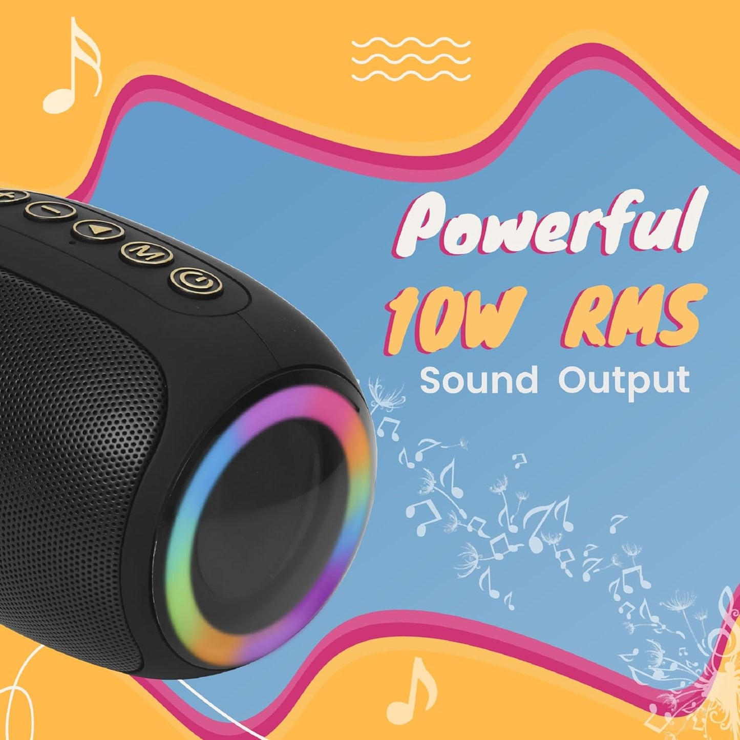 Krisons Spark Glow Bluetooth Speaker 10W Multi-Media Bluetooth Party Speaker with RGB Lights, USB, SD Card and Handsfree Calling - Black