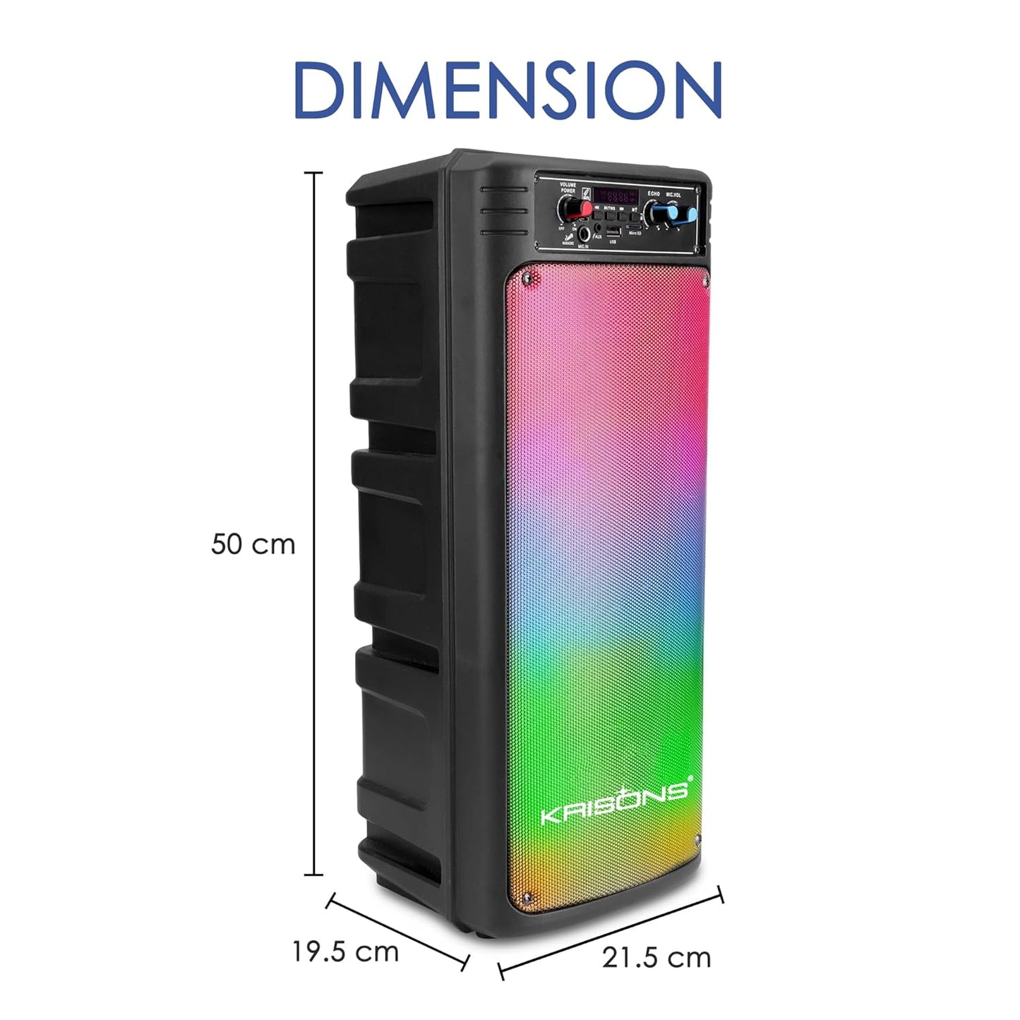 Krisons Disco Double Woofer 80 W Multi-Media Bluetooth Party Tower Speaker with Wireless Mic for Karaoke, in Built Digital Display, RGB Lights, USB, SD Card and FM Radio