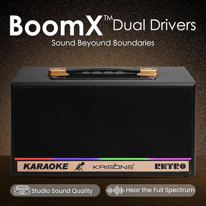 KRISONS Retro Bluetooth Party Speaker 60W| Karaoke Wireless Mic| Portable Trolley Outdoor Speaker | Inbuilt Battery Upto 6 Hours Playtime| Aux/TF/USB/Dual 4" Driver