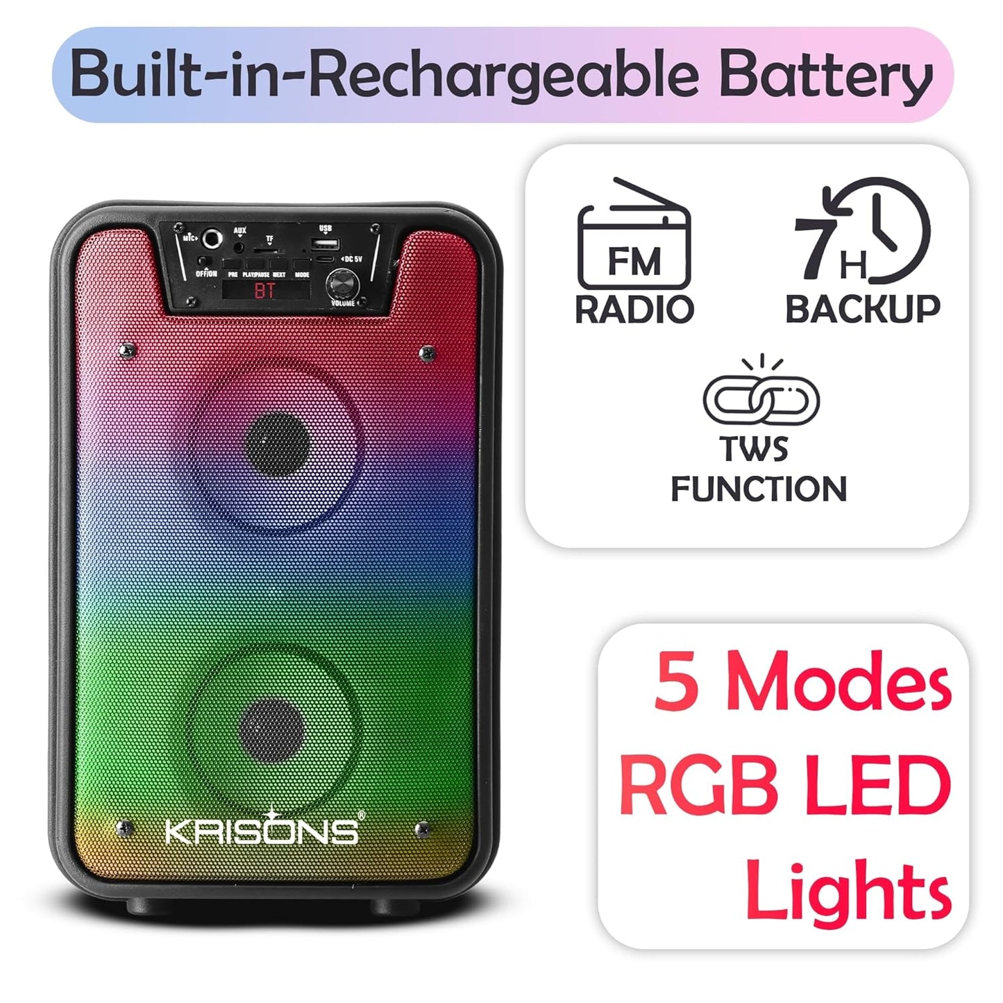 Krisons Rainbow 4" Double Woofer 40W Multi-Media Bluetooth Party Speaker with Wired Mic for Karaoke,2400 MAH Battery, Digital Display,RGB Lights, USB, SD Card, FM Radio,Auto TWS Function & Remote