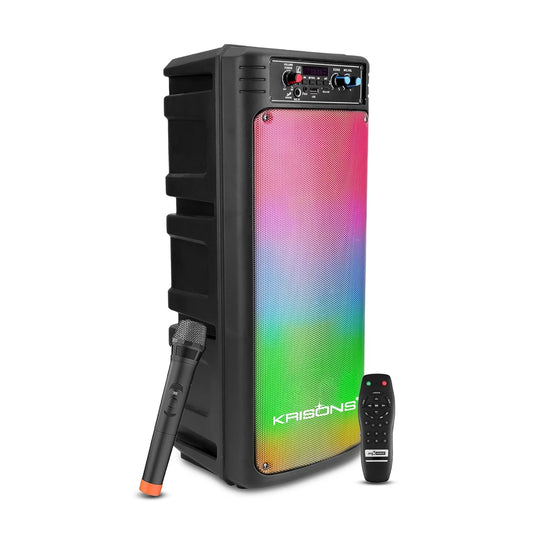 Krisons Disco Double Woofer 80 W Multi-Media Bluetooth Party Tower Speaker with Wireless Mic for Karaoke, in Built Digital Display, RGB Lights, USB, SD Card and FM Radio