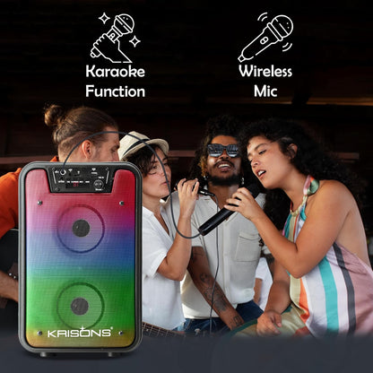 Krisons Rainbow 4" Double Woofer 40W Multi-Media Bluetooth Party Speaker with Wired Mic for Karaoke,2400 MAH Battery, Digital Display,RGB Lights, USB, SD Card, FM Radio,Auto TWS Function & Remote