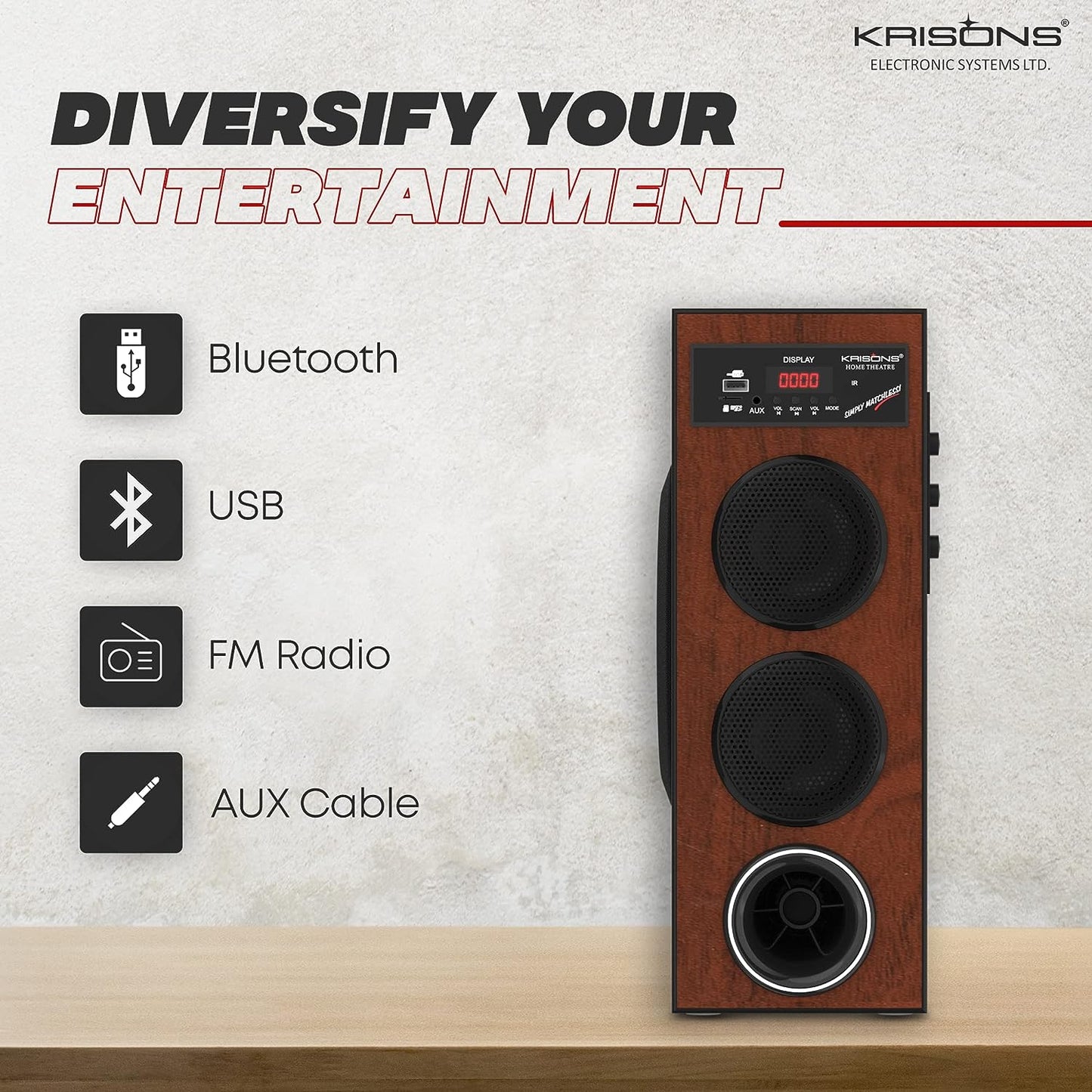 Krisons Thunder Speaker, Multimedia Home Theatre, Floor Standing Speaker, LED Display with Bluetooth, FM, USB, Micro SD Card, AUX Connectivity