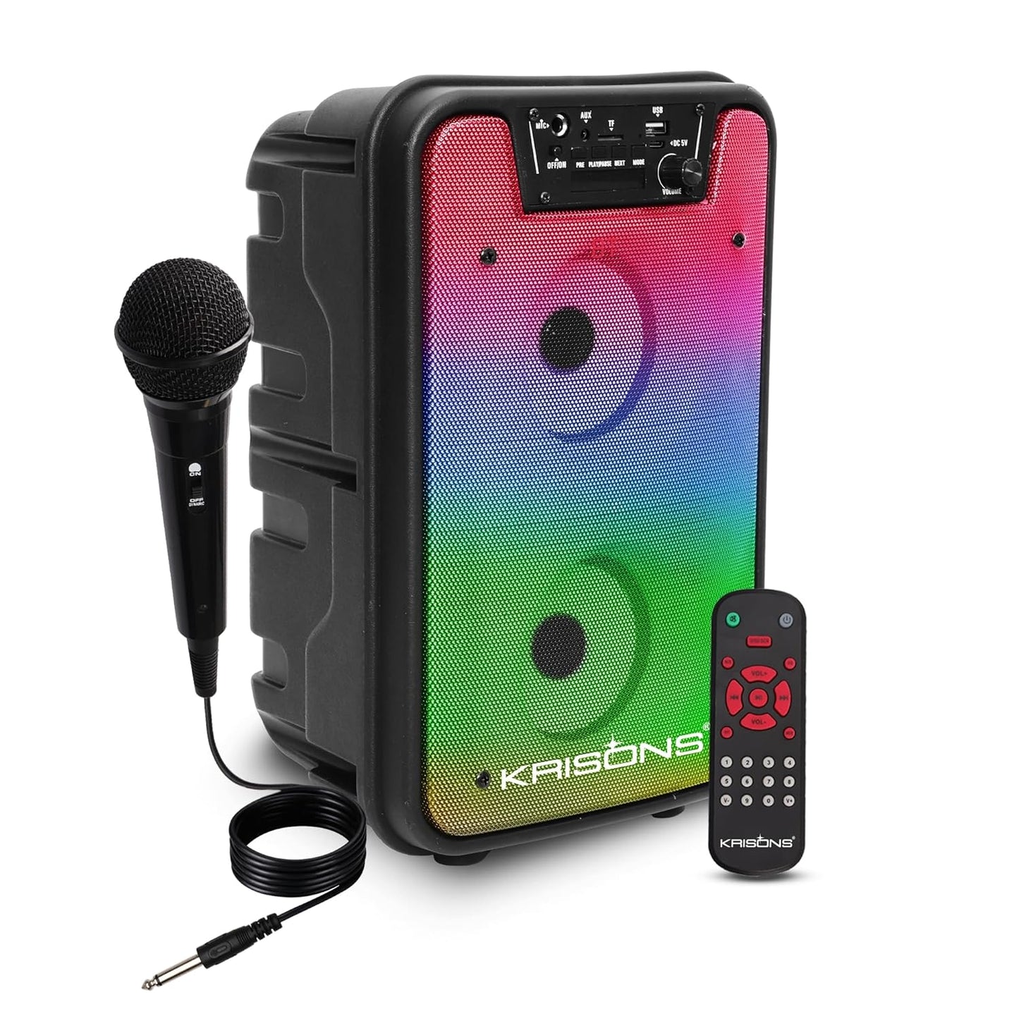 Krisons Rainbow 4" Double Woofer 40W Multi-Media Bluetooth Party Speaker with Wired Mic for Karaoke,2400 MAH Battery, Digital Display,RGB Lights, USB, SD Card, FM Radio,Auto TWS Function & Remote