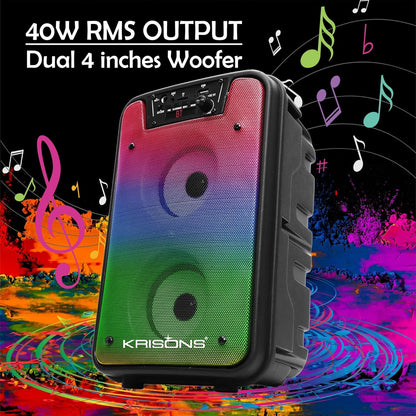 Krisons Rainbow 4" Double Woofer 40W Multi-Media Bluetooth Party Speaker with Wired Mic for Karaoke,2400 MAH Battery, Digital Display,RGB Lights, USB, SD Card, FM Radio,Auto TWS Function & Remote