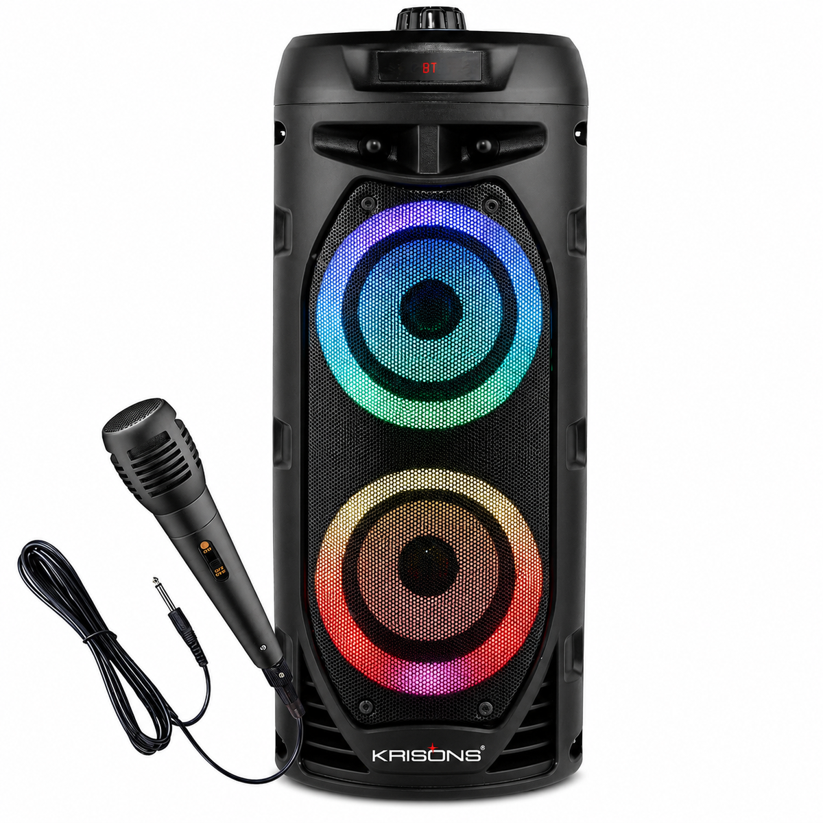 Krisons Cylender V2 Double Woofer 50W Multi-Media Bluetooth Party Speaker with Wired Mic for Karaoke,2400 MAH Battery, Digital Display,RGB Lights, USB, SD Card, FM Radio,Auto TWS Function