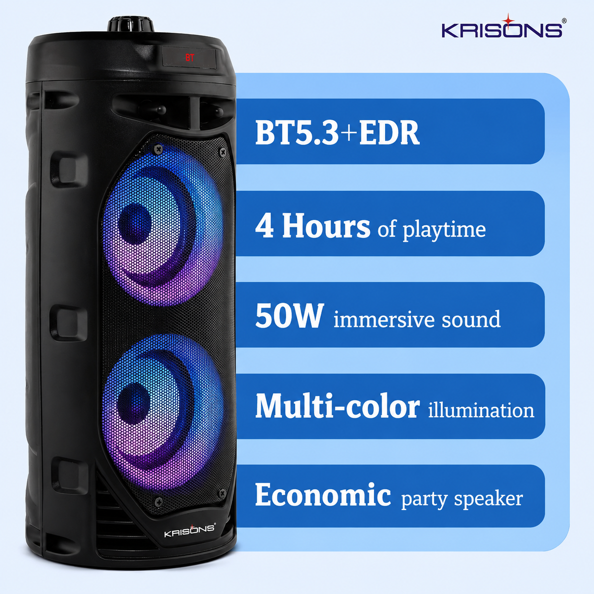 Krisons Cylender V2 Double Woofer 50W Multi-Media Bluetooth Party Speaker with Wired Mic for Karaoke,2400 MAH Battery, Digital Display,RGB Lights, USB, SD Card, FM Radio,Auto TWS Function
