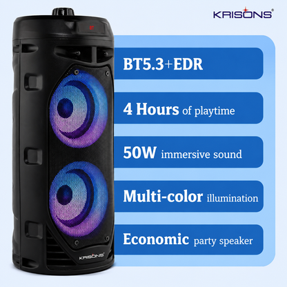 Krisons Cylender V2 Double Woofer 50W Multi-Media Bluetooth Party Speaker with Wired Mic for Karaoke,2400 MAH Battery, Digital Display,RGB Lights, USB, SD Card, FM Radio,Auto TWS Function