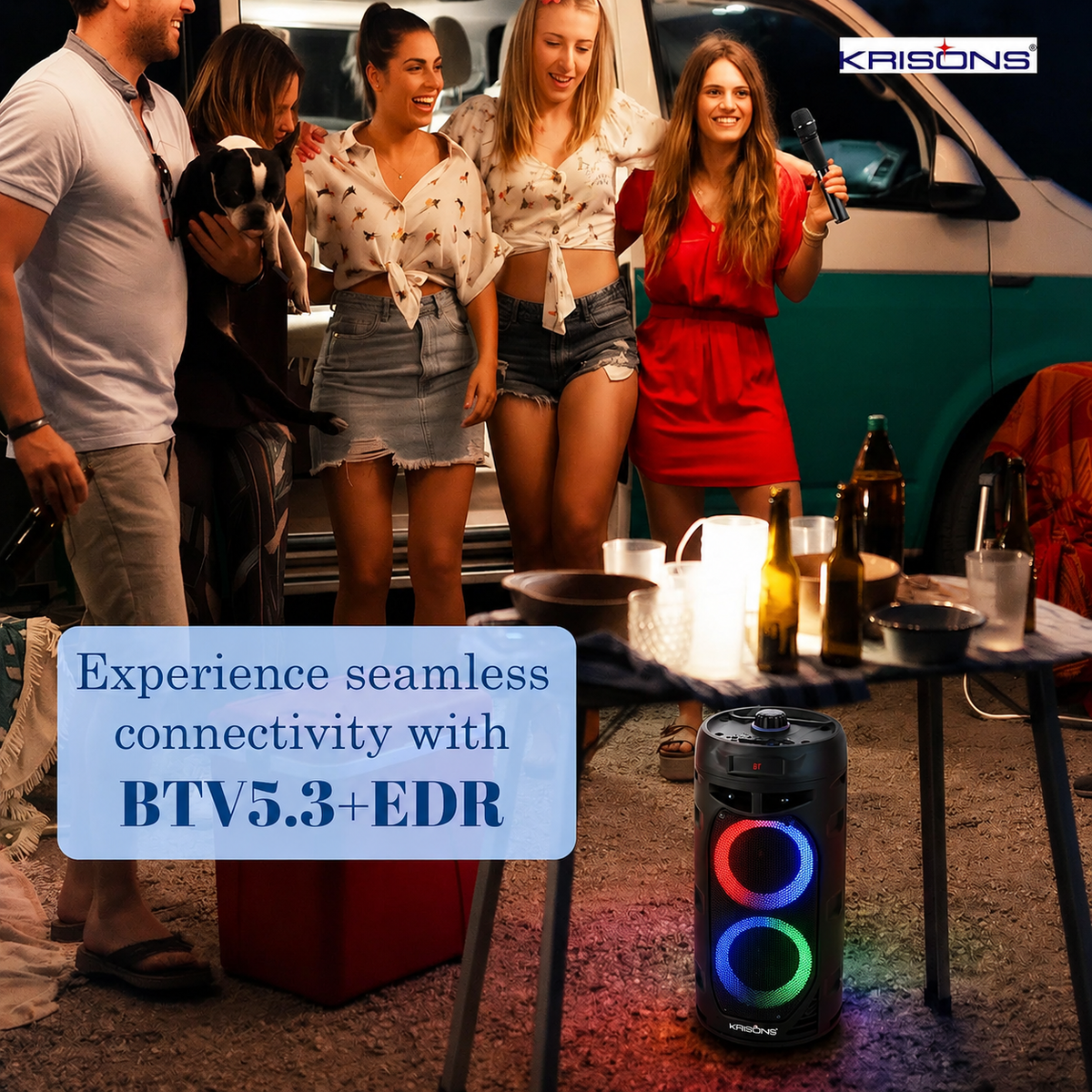 Krisons Cylender V2 Double Woofer 50W Multi-Media Bluetooth Party Speaker with Wired Mic for Karaoke,2400 MAH Battery, Digital Display,RGB Lights, USB, SD Card, FM Radio,Auto TWS Function