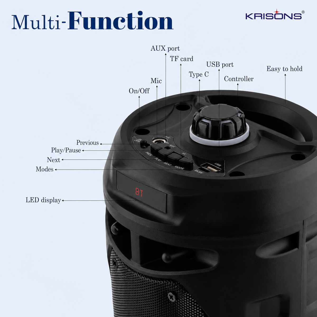 Krisons Cylender V2 Double Woofer 50W Multi-Media Bluetooth Party Speaker with Wired Mic for Karaoke,2400 MAH Battery, Digital Display,RGB Lights, USB, SD Card, FM Radio,Auto TWS Function
