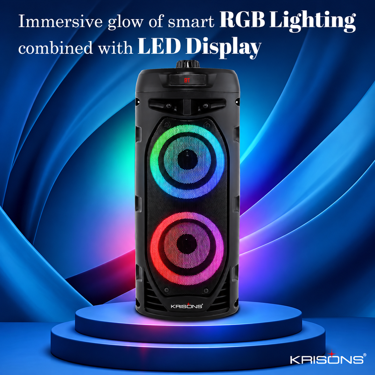 Krisons Cylender V2 Double Woofer 50W Multi-Media Bluetooth Party Speaker with Wired Mic for Karaoke,2400 MAH Battery, Digital Display,RGB Lights, USB, SD Card, FM Radio,Auto TWS Function