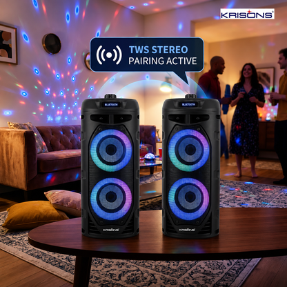 Krisons Cylender V2 Double Woofer 50W Multi-Media Bluetooth Party Speaker with Wired Mic for Karaoke,2400 MAH Battery, Digital Display,RGB Lights, USB, SD Card, FM Radio,Auto TWS Function