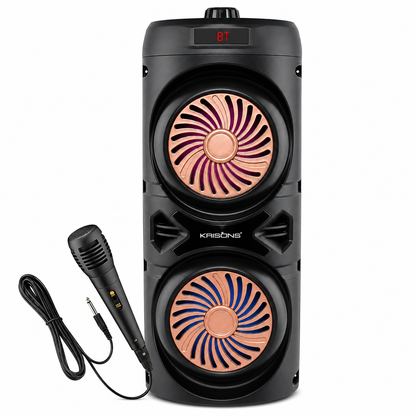 Krisons Cylender V1 Double Woofer 45W Multi-Media Bluetooth Party Speaker with Wired Mic for Karaoke,2400 MAH Battery, Digital Display,RGB Lights, USB, SD Card, FM Radio,Auto TWS Function