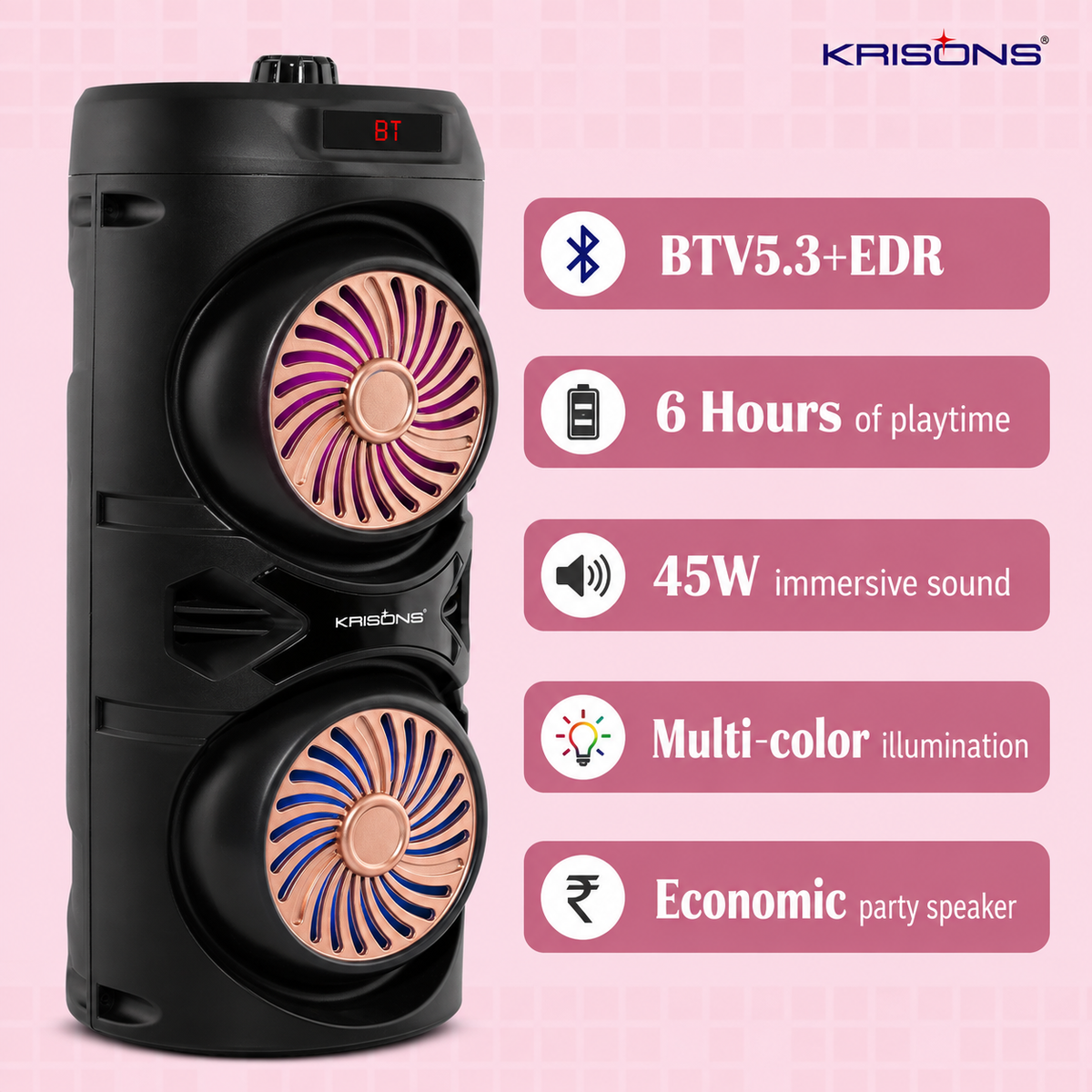 Krisons Cylender V1 Double Woofer 45W Multi-Media Bluetooth Party Speaker with Wired Mic for Karaoke,2400 MAH Battery, Digital Display,RGB Lights, USB, SD Card, FM Radio,Auto TWS Function