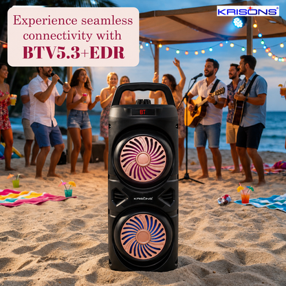 Krisons Cylender V1 Double Woofer 45W Multi-Media Bluetooth Party Speaker with Wired Mic for Karaoke,2400 MAH Battery, Digital Display,RGB Lights, USB, SD Card, FM Radio,Auto TWS Function