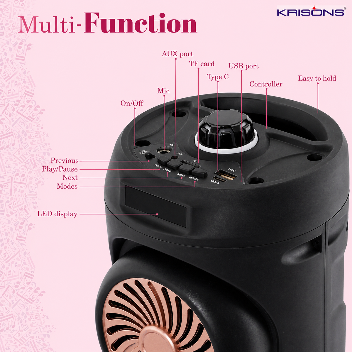 Krisons Cylender V1 Double Woofer 45W Multi-Media Bluetooth Party Speaker with Wired Mic for Karaoke,2400 MAH Battery, Digital Display,RGB Lights, USB, SD Card, FM Radio,Auto TWS Function