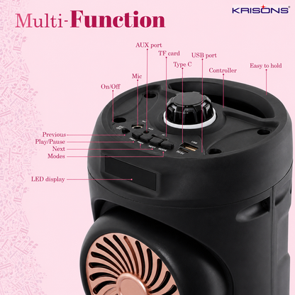 Krisons Cylender V1 Double Woofer 45W Multi-Media Bluetooth Party Speaker with Wired Mic for Karaoke,2400 MAH Battery, Digital Display,RGB Lights, USB, SD Card, FM Radio,Auto TWS Function