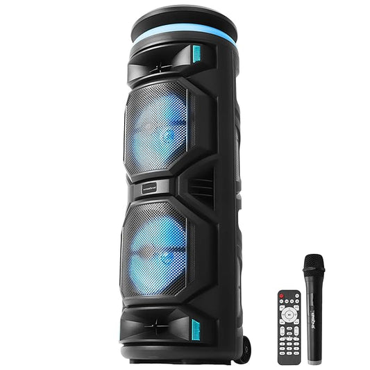 Krisons Supersonic 200W Bluetooth Party Speaker with Built in Wheels, Immersive Visual Display, Personalized Karaoke, Control - Volume, bass, Treble and Echo adjustments with RGB Lights