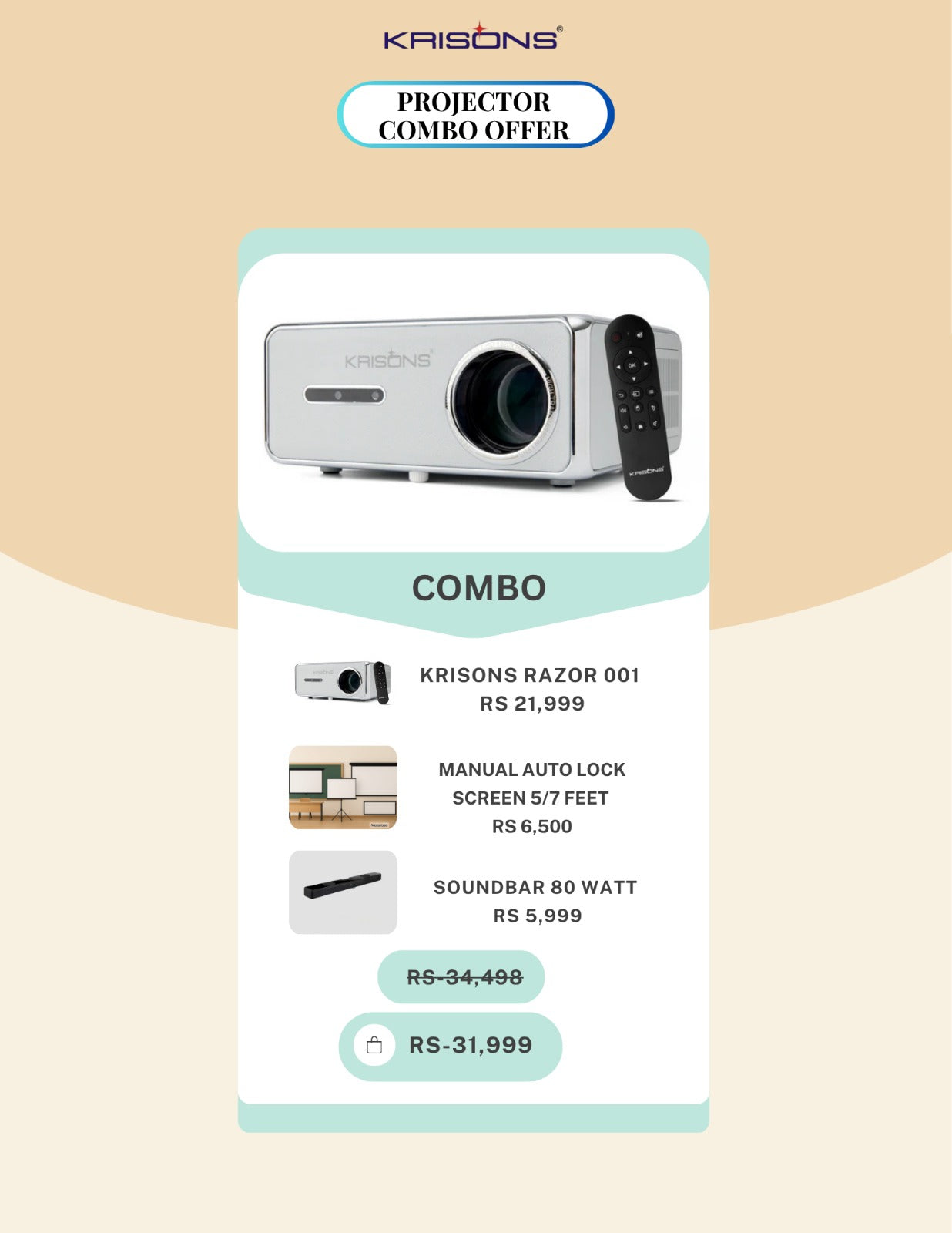 Combo - 6 - RAZOR 001  PROJECTOR + MANUAL AUTO LOCK SCREEN + 80 WATT SOUNDBAR