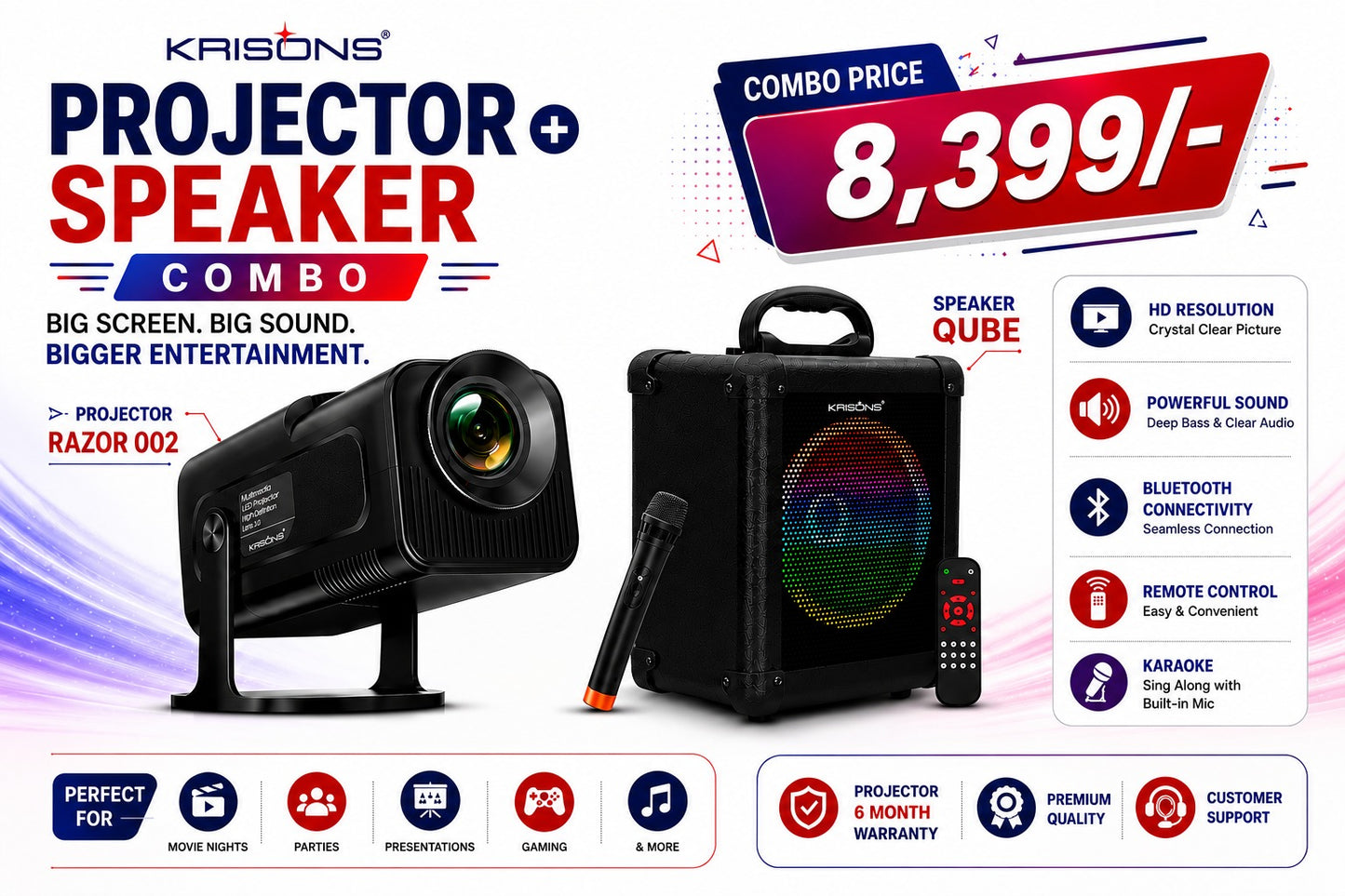 Krisons Razor 002 HD Projector + Qube Bluetooth Karaoke Speaker Combo