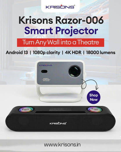 KRISONS-ZYTEL 001 Smart Projector|1080P Native |4K HD Licensed Netflix/Google|Bluetooth Voice Remote|Upto14000 Lumens|Wi-Fi 6/BT5.4|Android|Auto Focus/Keystone with Free 20W Sound Bar
