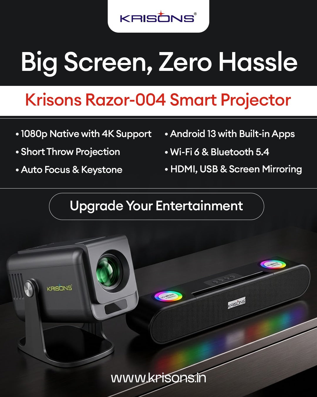 Krisons-Zytel 002 Smart Projector|1080P Native |4K HD  |Bluetooth Remote|Upto18000 Lumens|Wi-Fi 6/BT5.4|Android 13| Auto Focus/Keystone |Primevideo USB,Screen Mirroring,With Free 20W Sound bar