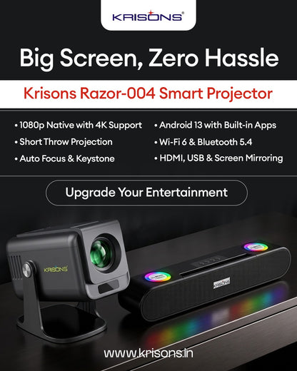 Krisons-Zytel 002 Smart Projector|1080P Native |4K HD  |Bluetooth Remote|Upto18000 Lumens|Wi-Fi 6/BT5.4|Android 13| Auto Focus/Keystone |Primevideo USB,Screen Mirroring,With Free 20W Sound bar