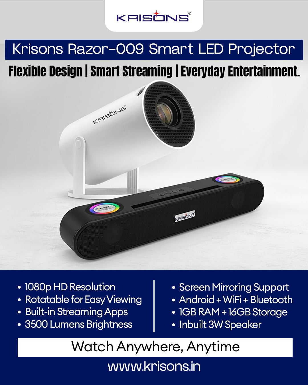 Krisons Zytel-003 Smart LED Projector with 1080p HD Resolution, Rotatable Design, Built-in Streaming Apps(Netflix etc.), 3500 Lumens, Screen Mirroring,1+16GB,Android+BT+WiFi ,with Free 20W Sound Bar