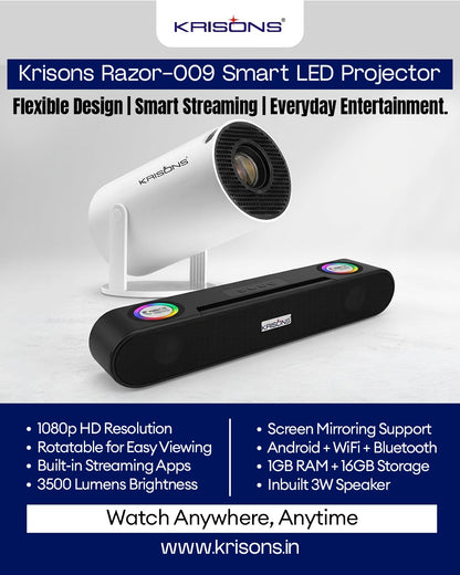 Krisons Zytel-003 Smart LED Projector with 1080p HD Resolution, Rotatable Design, Built-in Streaming Apps(Netflix etc.), 3500 Lumens, Screen Mirroring,1+16GB,Android+BT+WiFi ,with Free 20W Sound Bar