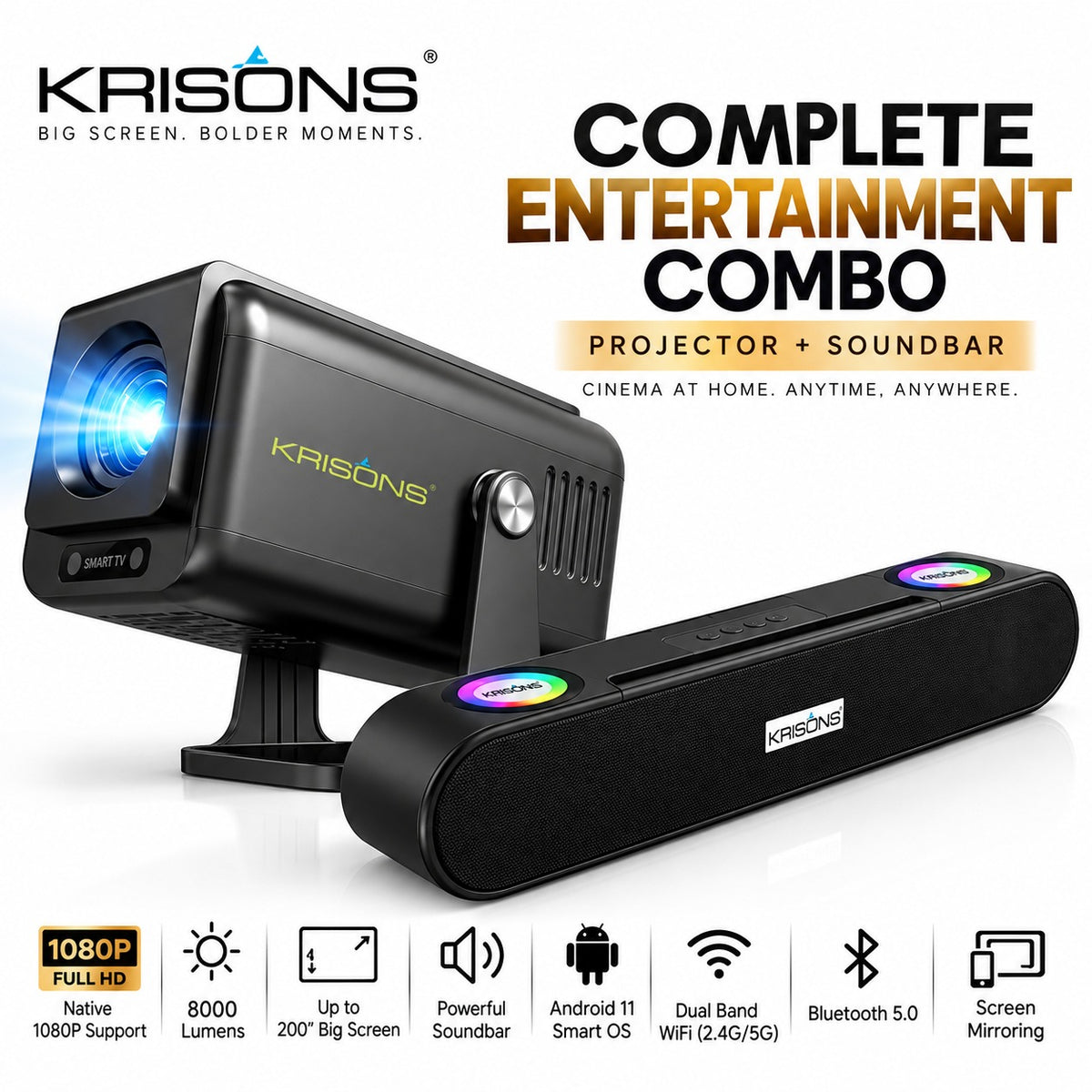 Krisons-Zytel 002 Smart Projector|1080P Native |4K HD  |Bluetooth Remote|Upto18000 Lumens|Wi-Fi 6/BT5.4|Android 13| Auto Focus/Keystone |Primevideo USB,Screen Mirroring,With Free 20W Sound bar