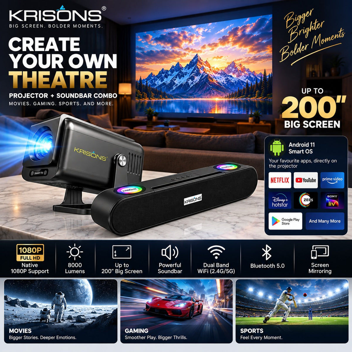 Krisons-Zytel 002 Smart Projector|1080P Native |4K HD  |Bluetooth Remote|Upto18000 Lumens|Wi-Fi 6/BT5.4|Android 13| Auto Focus/Keystone |Primevideo USB,Screen Mirroring,With Free 20W Sound bar