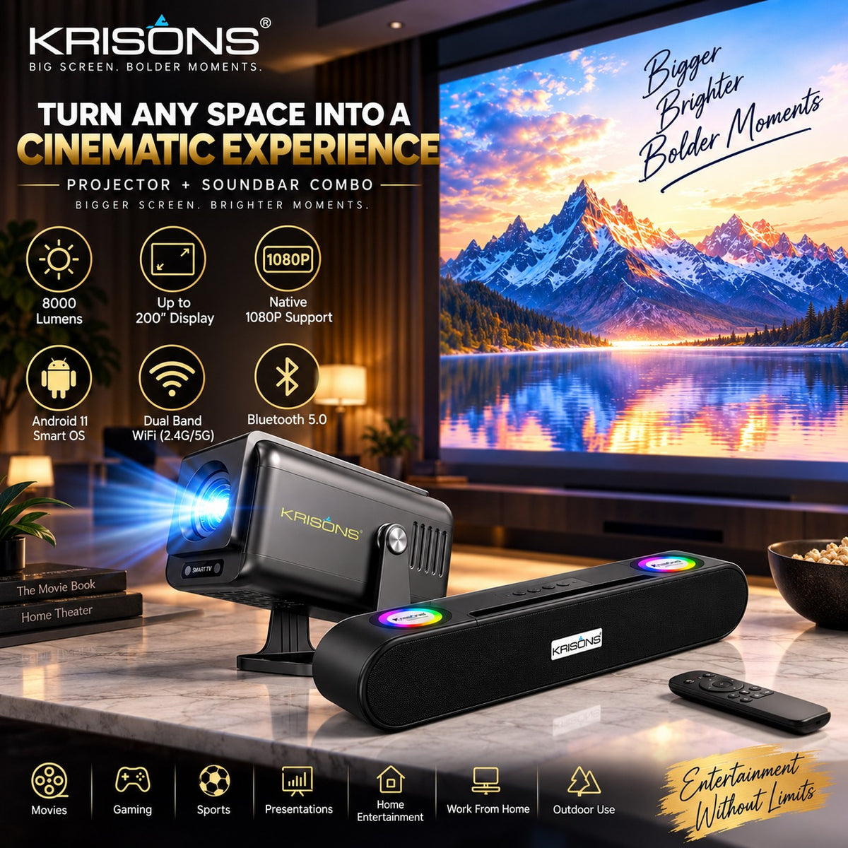 Krisons-Zytel 002 Smart Projector|1080P Native |4K HD  |Bluetooth Remote|Upto18000 Lumens|Wi-Fi 6/BT5.4|Android 13| Auto Focus/Keystone |Primevideo USB,Screen Mirroring,With Free 20W Sound bar