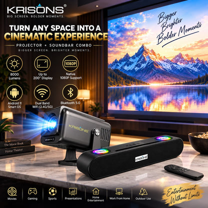 Krisons-Zytel 002 Smart Projector|1080P Native |4K HD  |Bluetooth Remote|Upto18000 Lumens|Wi-Fi 6/BT5.4|Android 13| Auto Focus/Keystone |Primevideo USB,Screen Mirroring,With Free 20W Sound bar