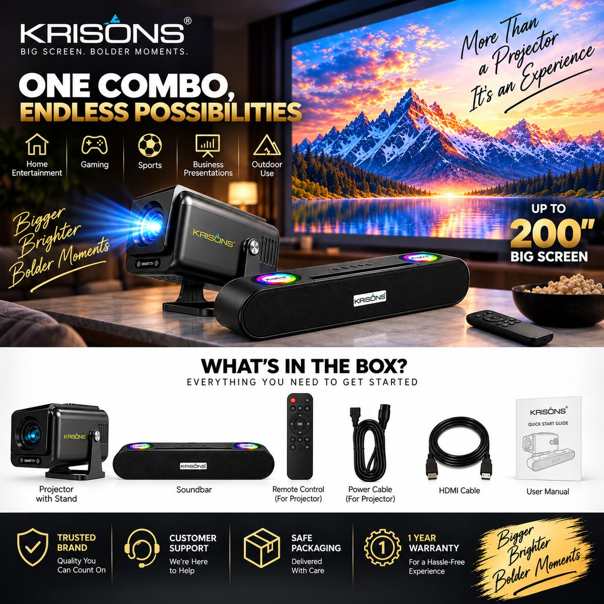 Krisons-Zytel 002 Smart Projector|1080P Native |4K HD  |Bluetooth Remote|Upto18000 Lumens|Wi-Fi 6/BT5.4|Android 13| Auto Focus/Keystone |Primevideo USB,Screen Mirroring,With Free 20W Sound bar