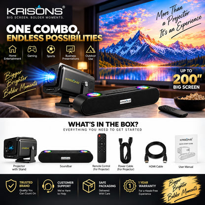 Krisons-Zytel 002 Smart Projector|1080P Native |4K HD  |Bluetooth Remote|Upto18000 Lumens|Wi-Fi 6/BT5.4|Android 13| Auto Focus/Keystone |Primevideo USB,Screen Mirroring,With Free 20W Sound bar
