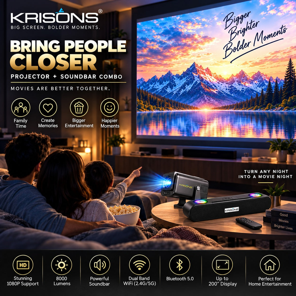 Krisons-Zytel 002 Smart Projector|1080P Native |4K HD  |Bluetooth Remote|Upto18000 Lumens|Wi-Fi 6/BT5.4|Android 13| Auto Focus/Keystone |Primevideo USB,Screen Mirroring,With Free 20W Sound bar