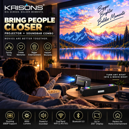 Krisons-Zytel 002 Smart Projector|1080P Native |4K HD  |Bluetooth Remote|Upto18000 Lumens|Wi-Fi 6/BT5.4|Android 13| Auto Focus/Keystone |Primevideo USB,Screen Mirroring,With Free 20W Sound bar