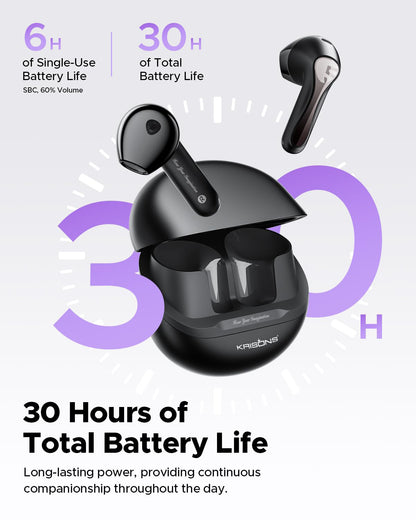 Krisons TWS-002 Wireless Earbuds, Black, True Wireless Stereo, Portable Charging Case